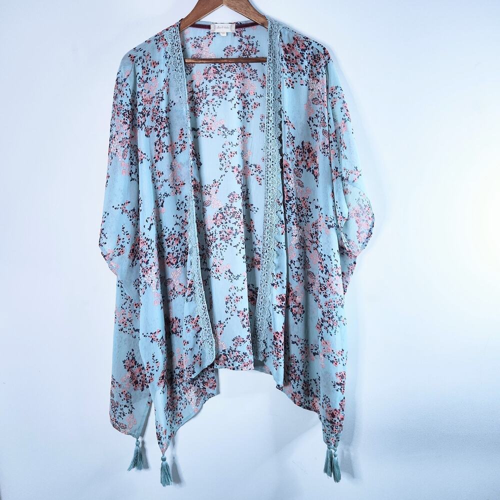 Altar'd State Light Blue Floral Sheer Open Kimono Cardigan Size Large Boho Flowy